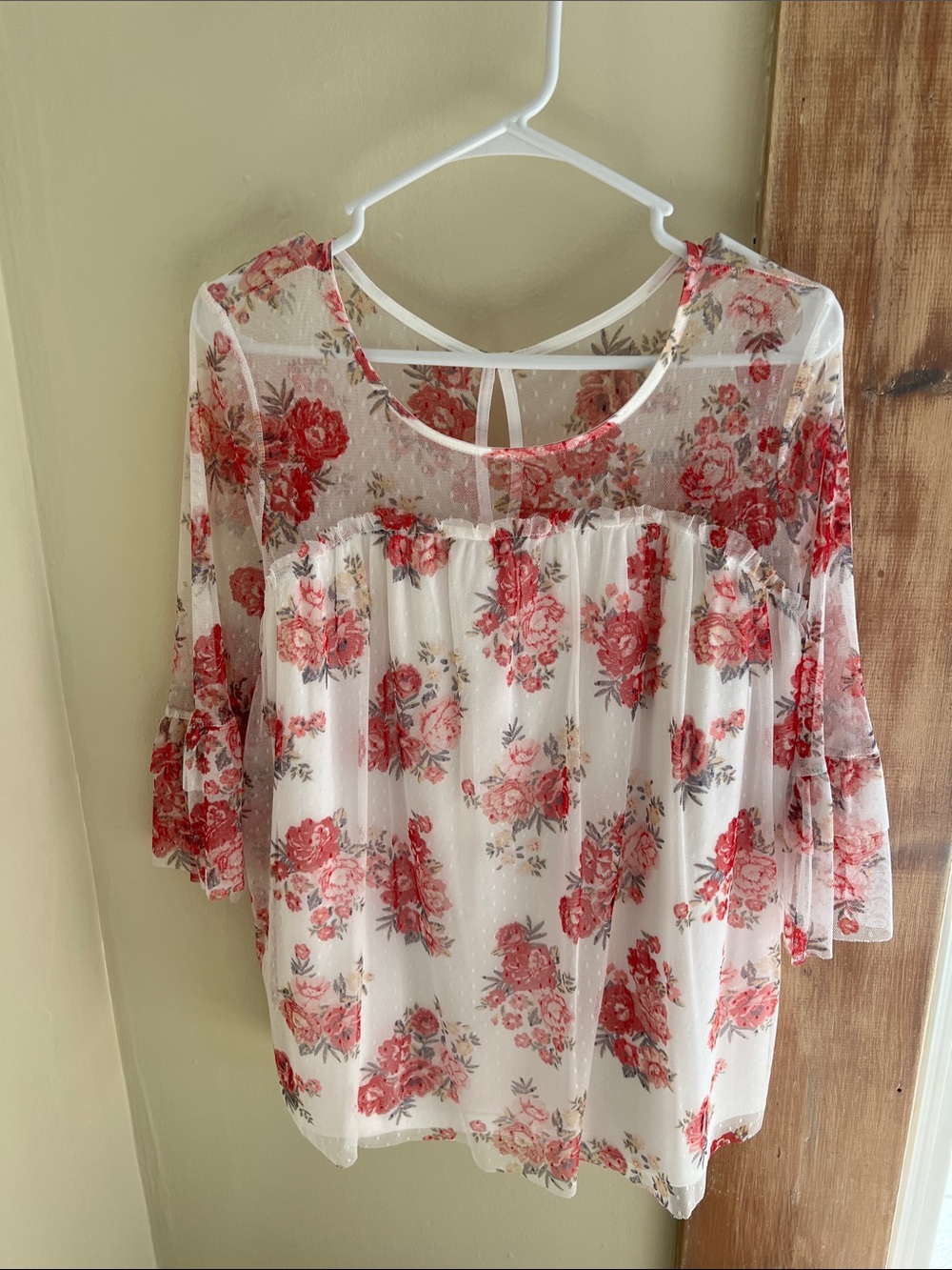 No Boundaries White Sheer Blouse with Red Floral Print W/White Underlined